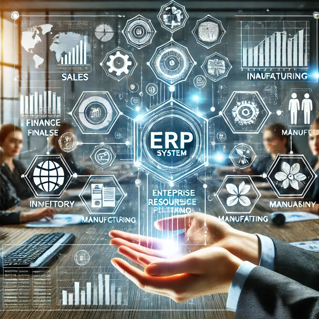 DALL·E 2025-03-25 15.13.26 - A professional and modern illustration of an ERP (Enterprise Resource Planning) system concept. The image should feature a digital dashboard with inte